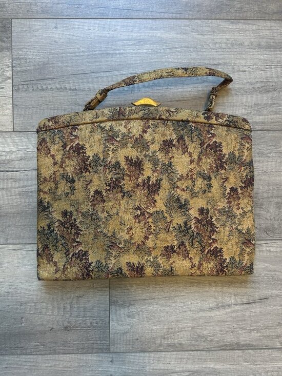 Crown Lewis Handbags - Vintage Crown Lewis Tapestry Purse Gold Floral Top Handle Bag Mid Century MCM